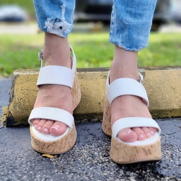 Women's High Platform Ankle Strap Wedge White Color - Picture 3 of 5